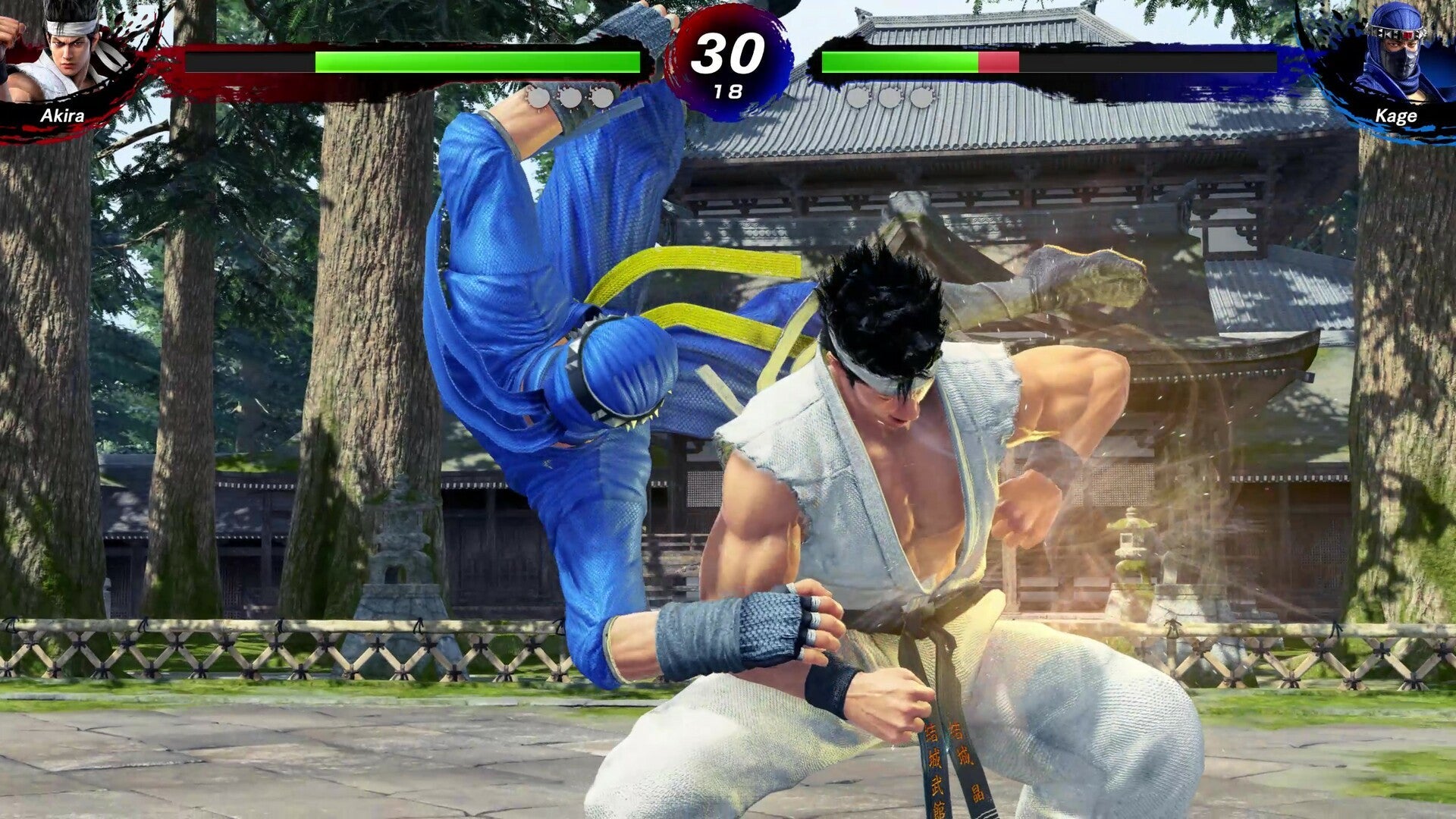 Two characters in a fighting game with a traditional Japanese setting