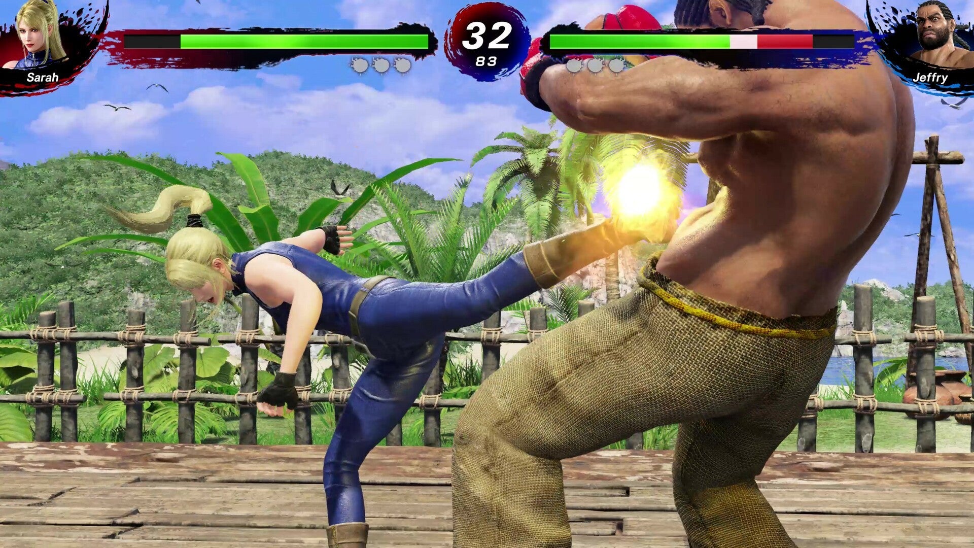 Two characters in a fighting game with a jungle background