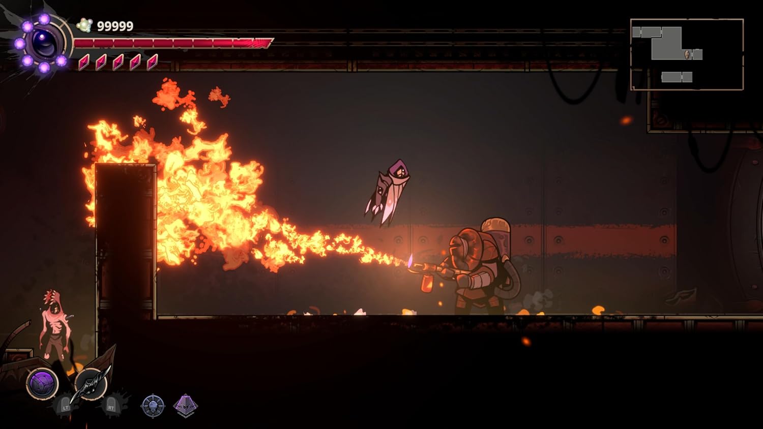Game screen with character in a fiery battle scene
