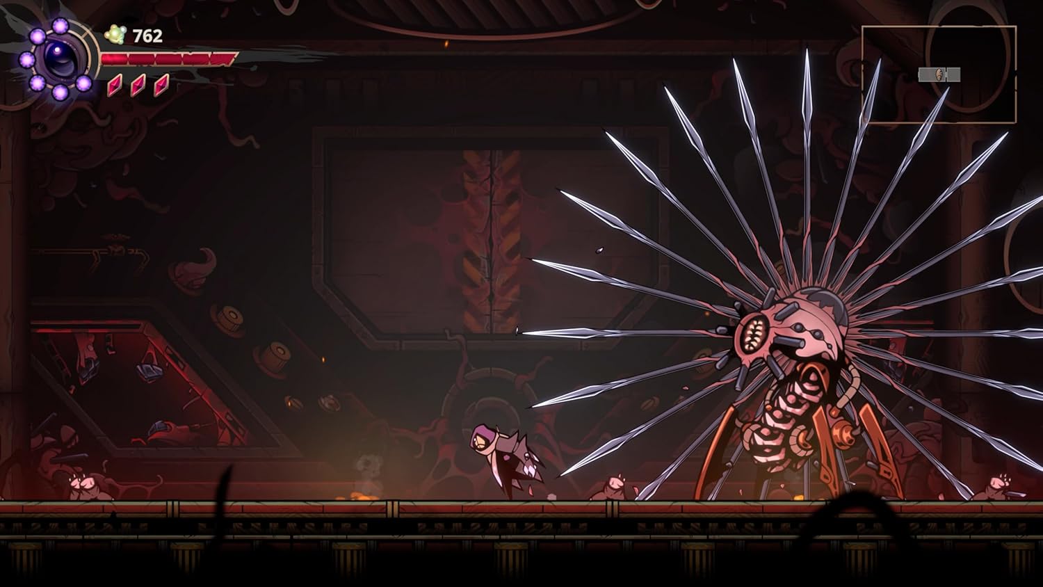 Screen capture from a video game with a character facing a large, menacing