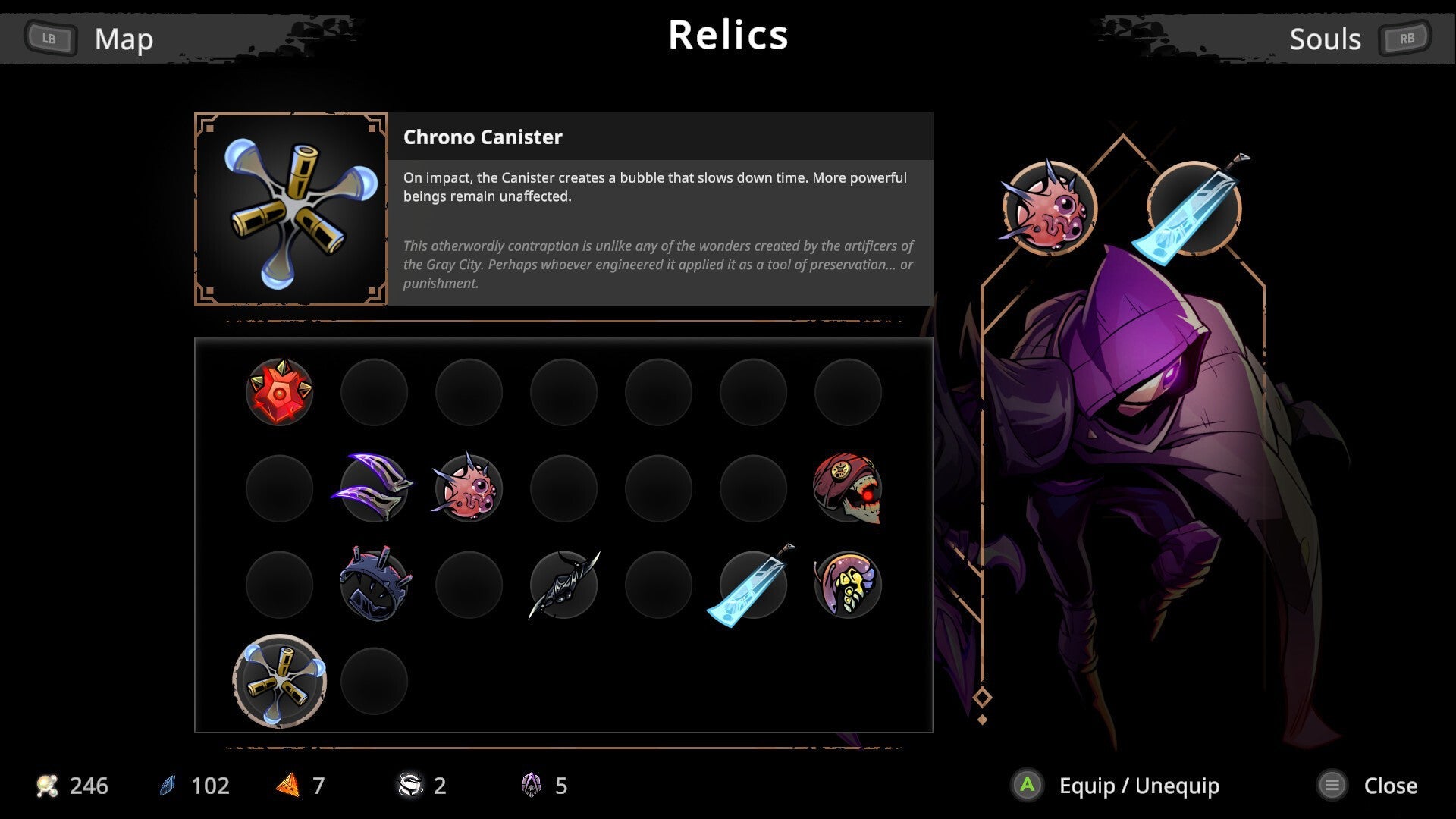Game interface showing a selection of relics with a dark background