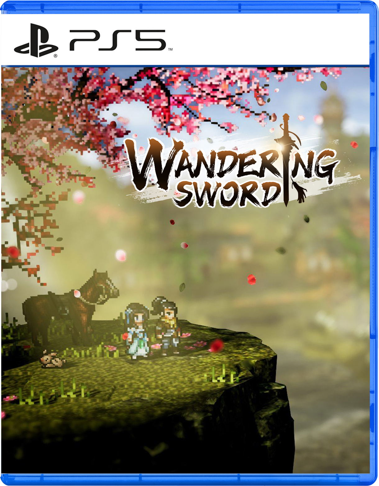 PlayStation 5 game case for 'Wandering Swords' with a scenic cover featuring two characters and a horse.