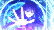 Anime-style illustration of a girl with long dark purple hair and blue eyes, reaching forward with her hand inside a glowing blue circular portal or magical ring.