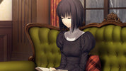 An anime-style illustration of a woman with short dark hair sitting on an olive green tufted sofa in a warmly lit room, wearing a dark dress with a white collar and holding a book.
