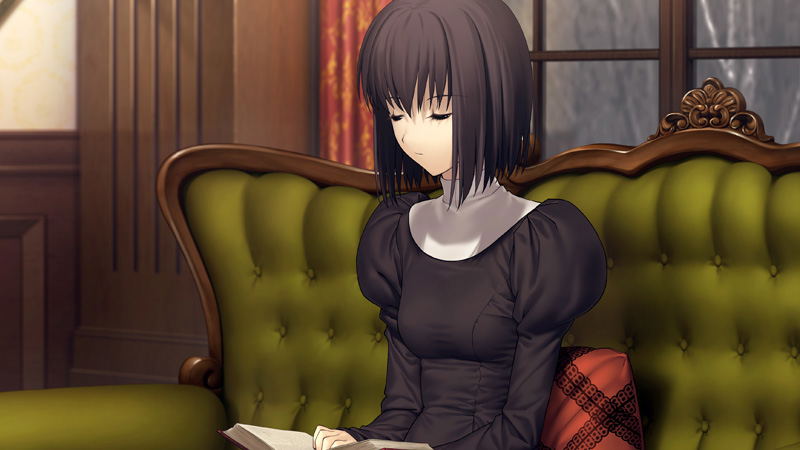An anime-style illustration of a woman with short dark hair sitting on an olive green tufted sofa in a warmly lit room, wearing a dark dress with a white collar and holding a book.