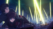 Anime-style artwork showing two characters lying on the ground under bright yellow-green beams of light in a dark, starry night scene.