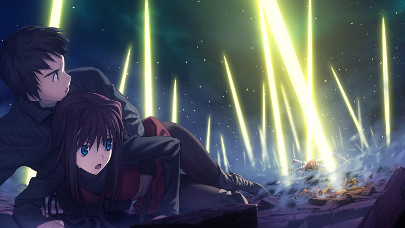 Anime-style artwork showing two characters lying on the ground under bright yellow-green beams of light in a dark, starry night scene.