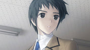 Anime-style illustration of a young man with short dark hair, large expressive eyes, and a surprised or thoughtful expression. He is wearing a tan blazer, white collared shirt, and blue tie, set against an indoor ceiling background.