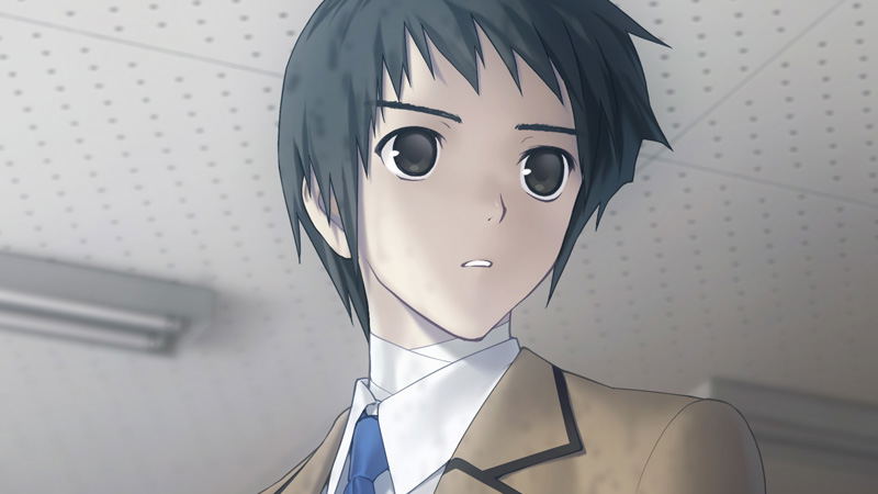 Anime-style illustration of a young man with short dark hair, large expressive eyes, and a surprised or thoughtful expression. He is wearing a tan blazer, white collared shirt, and blue tie, set against an indoor ceiling background.