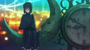 Anime-style artwork of a girl in a dark cloak and hat sitting on a large crescent moon beside a giant clock, with a glowing city-like background.