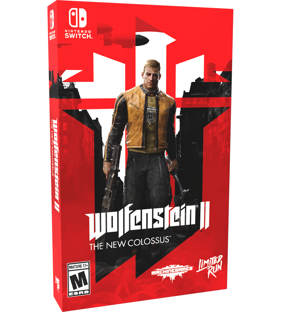 Game box for 'Wolfenstein II: The New Colossus' on Nintendo Switch with a red and black design.
