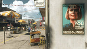 Vintage-style street scene with a poster of a woman in military uniform on a building wall.