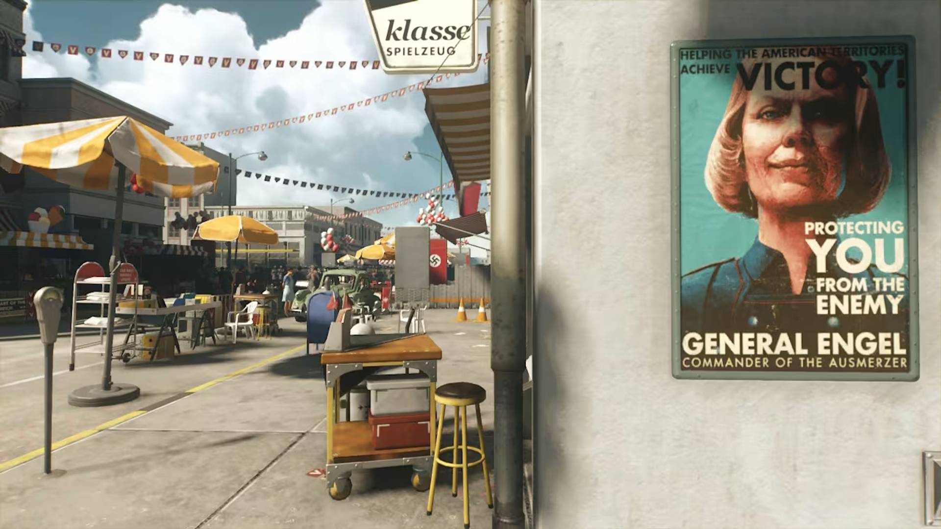 Vintage-style street scene with a poster of a woman in military uniform on a building wall.