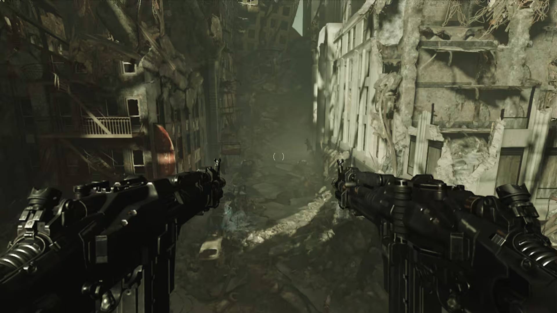 First-person view of a character holding dual weapons in a dark, post-apocalyptic alleyway.