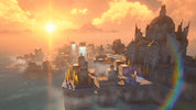 Fantasy cityscape with a large building and sunset in the background