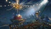 Fantasy circus scene with a chandelier and colorful tents under a starry sky.