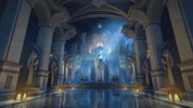 Mystical temple interior with statues and glowing blue light