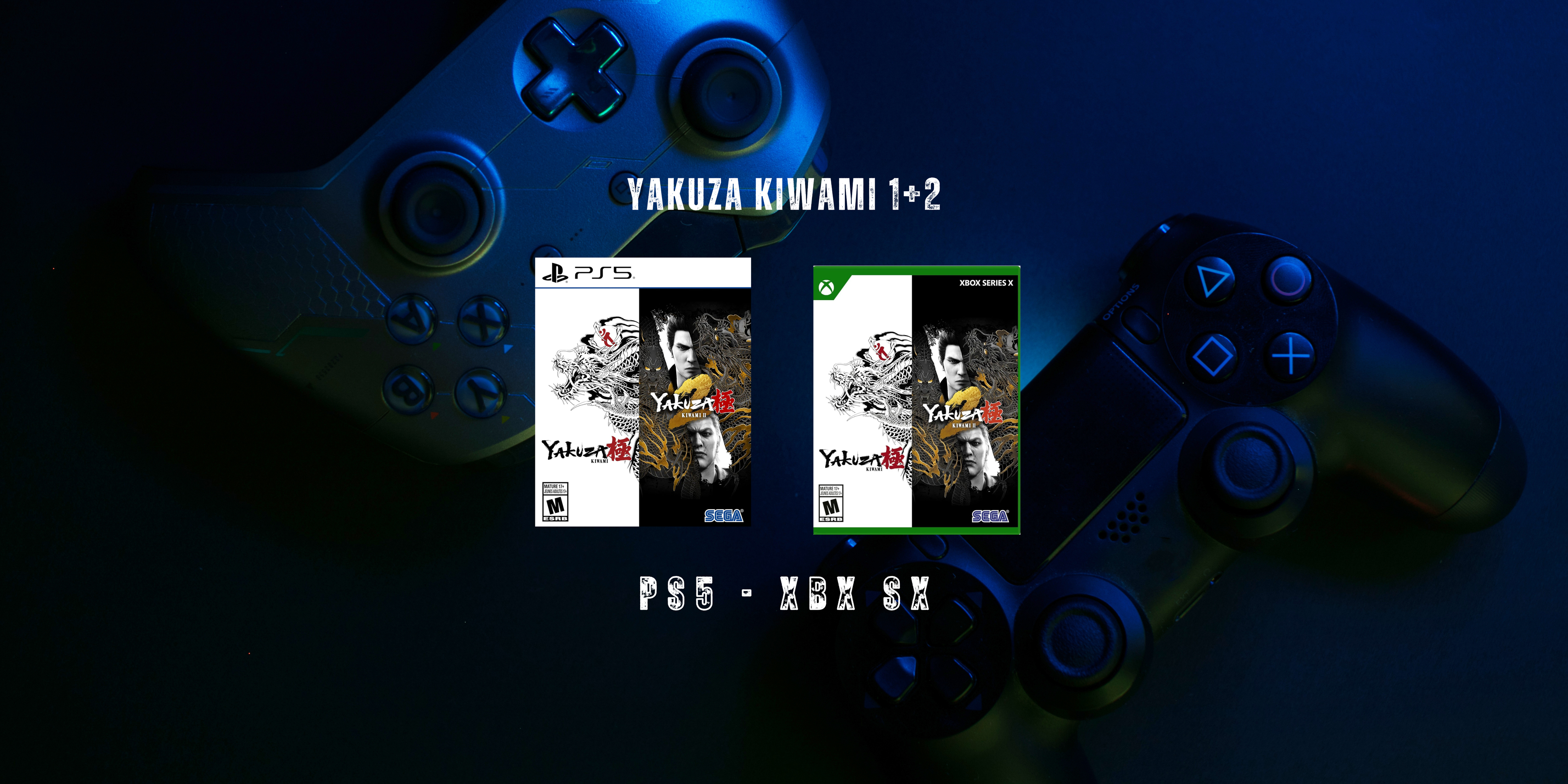 Two game cases for 'Yakuza Kiwami 1+2' on a dark background with gaming controllers.