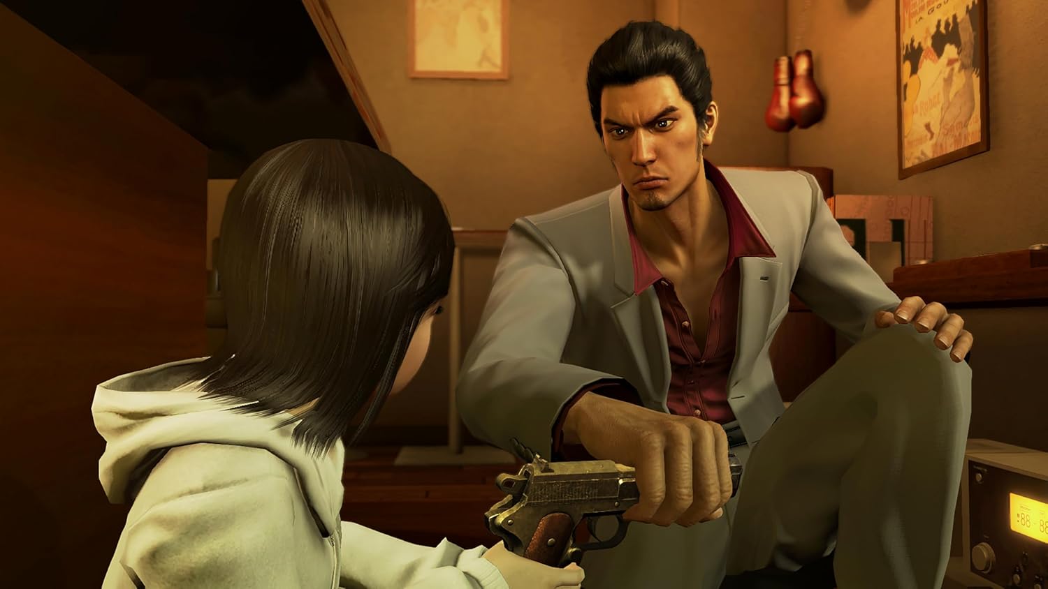 Character holding a gun in a tense situation with another character in a dimly lit room.