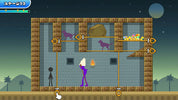 A 2D side-scrolling video game scene showing a purple stick figure character inside a brick maze with loops, obstacles, a rock, and a pile of gold coins under a night sky.