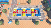 Top-down view of a parking lot game scene with multiple colorful cars arranged in rows on a gray road, surrounded by a tan tiled city street with buildings, trees, and streetlights.