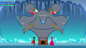 A stylized icy castle scene with a large gray castle silhouette, blue icy background, small character figures at the bottom, and Japanese text in the top-left corner.