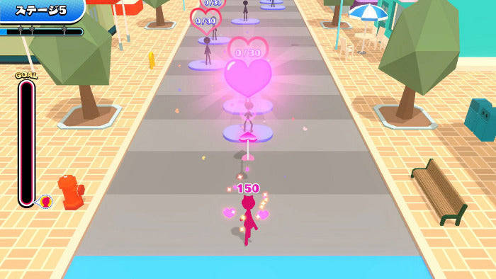 A low-poly 3D video game scene showing a pink stick-figure character running down a paved pathway lined with trees and benches, with floating heart targets and score overlays.