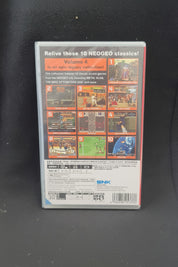 Back cover of a NeoGeo game cartridge with colorful graphics and text on a black background