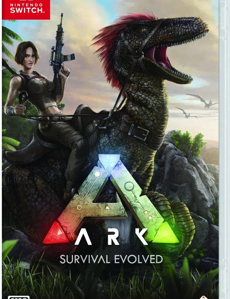 Game box for 'ARK: Survival Evolved' on Nintendo Switch with a dinosaur and human figure on a grassy background.