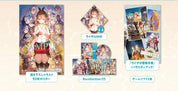 Collection of anime-style product packaging with character illustrations on a beige background.