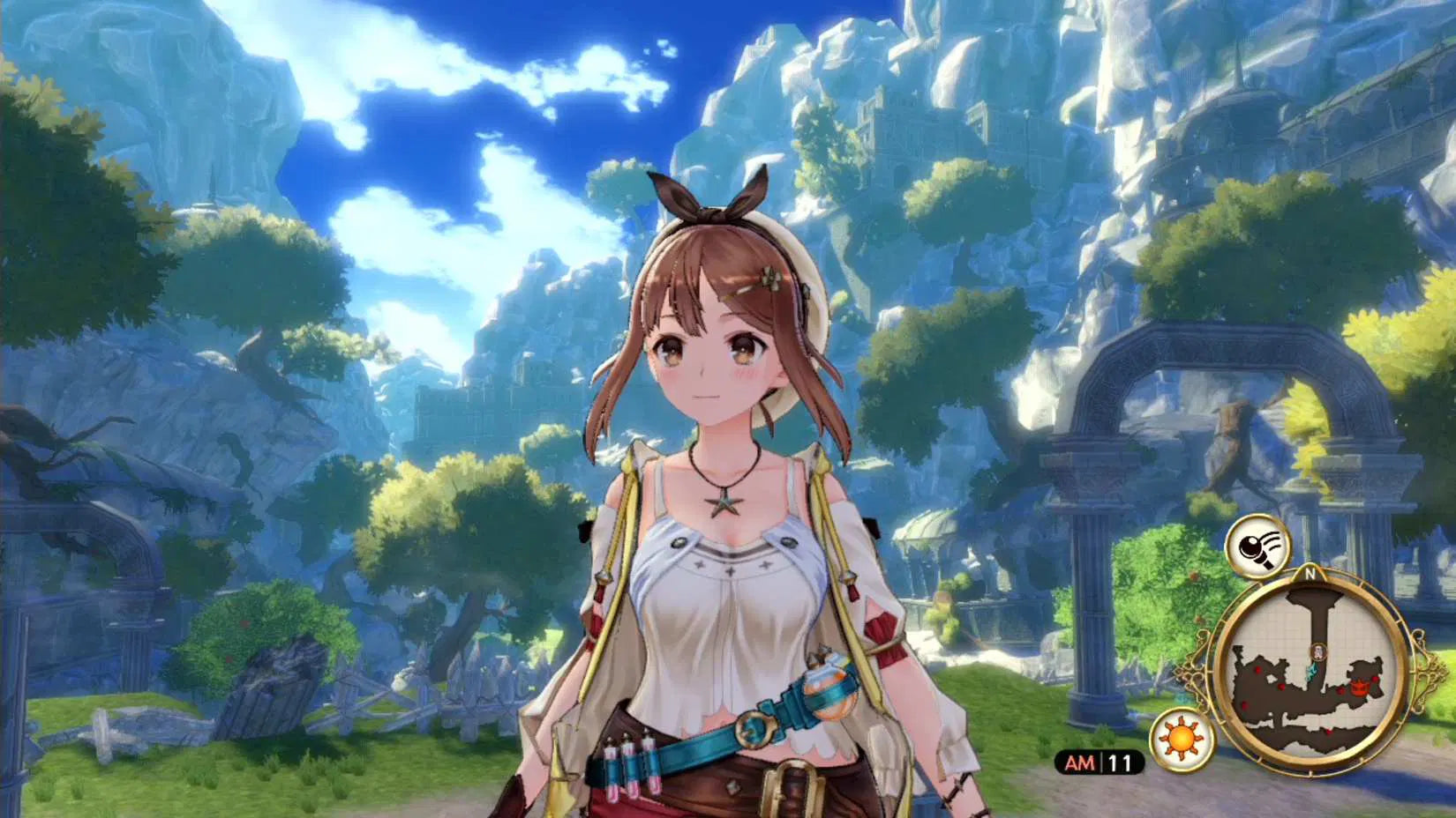 Animated character in a fantasy setting with mountains and trees in the background