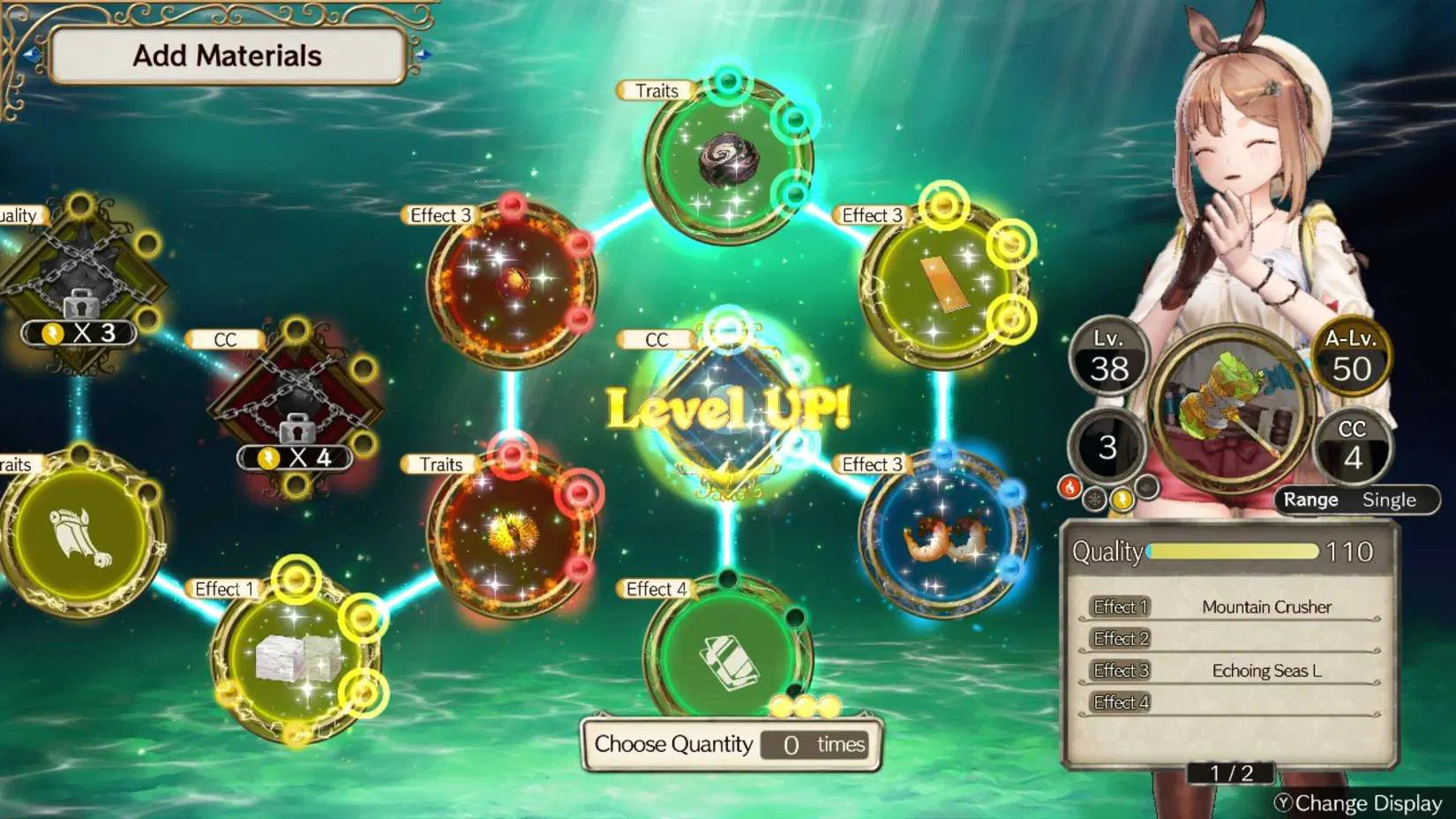 Game interface with character and material selection for leveling up in a fantasy setting