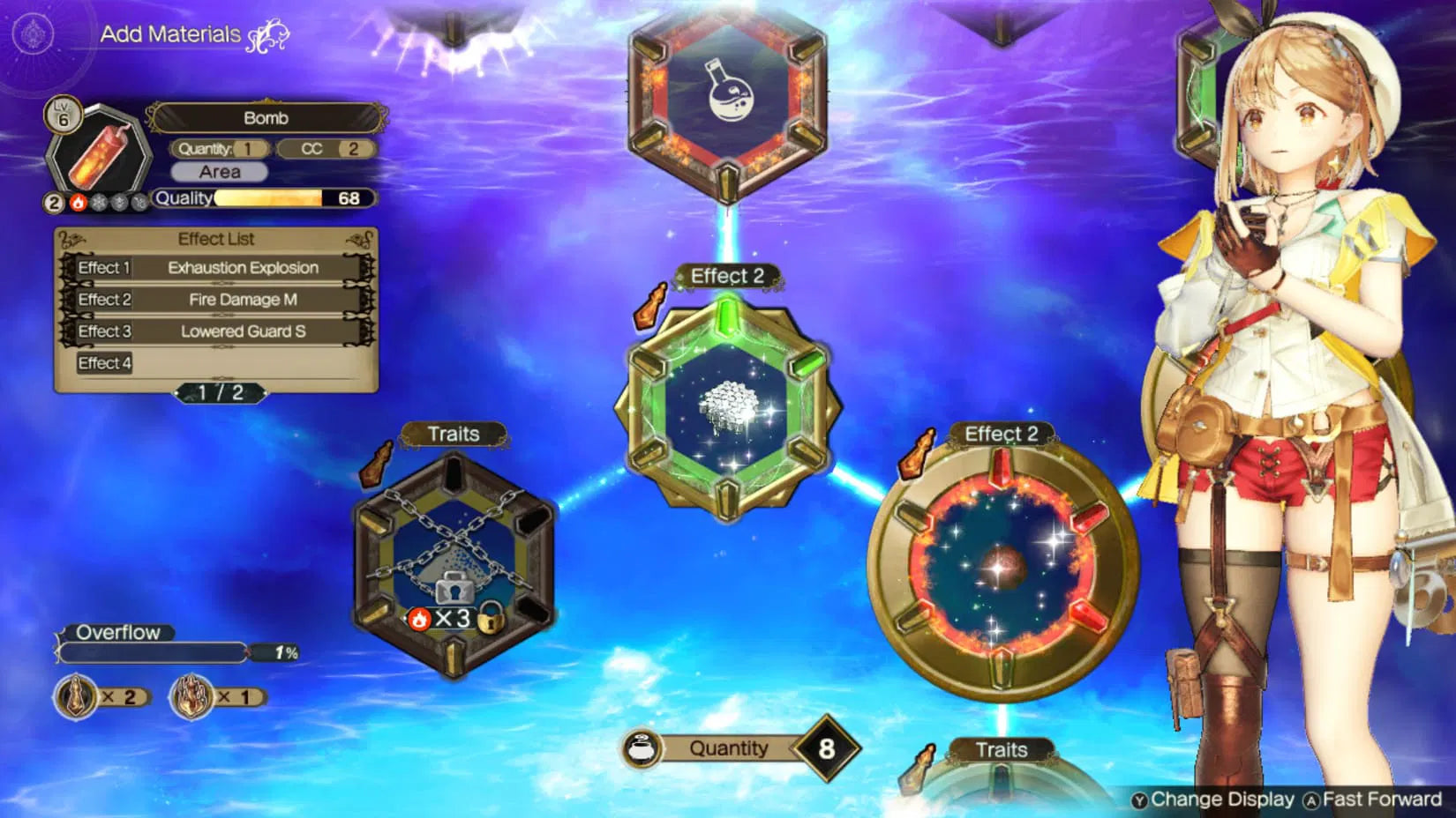 Game interface with character and material selection on a blue and purple gradient background
