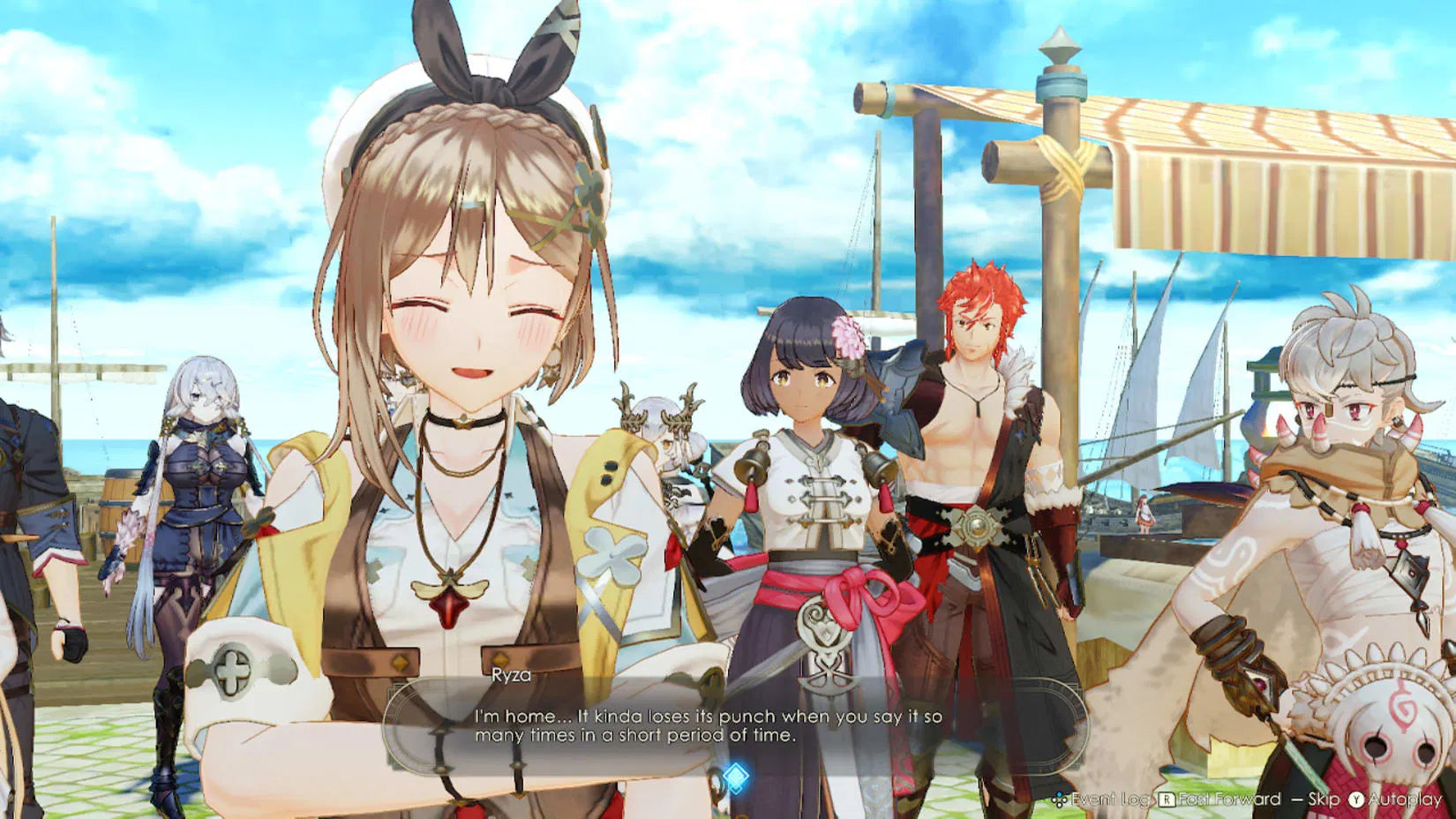 Group of animated characters in a fantasy setting with a clear sky.