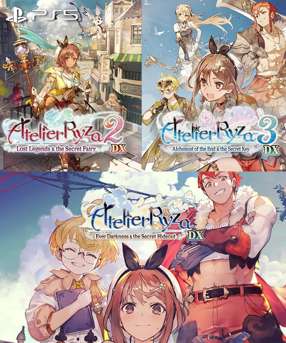 Collage of Atelier Ryza game covers for PlayStation 5 with characters and settings.