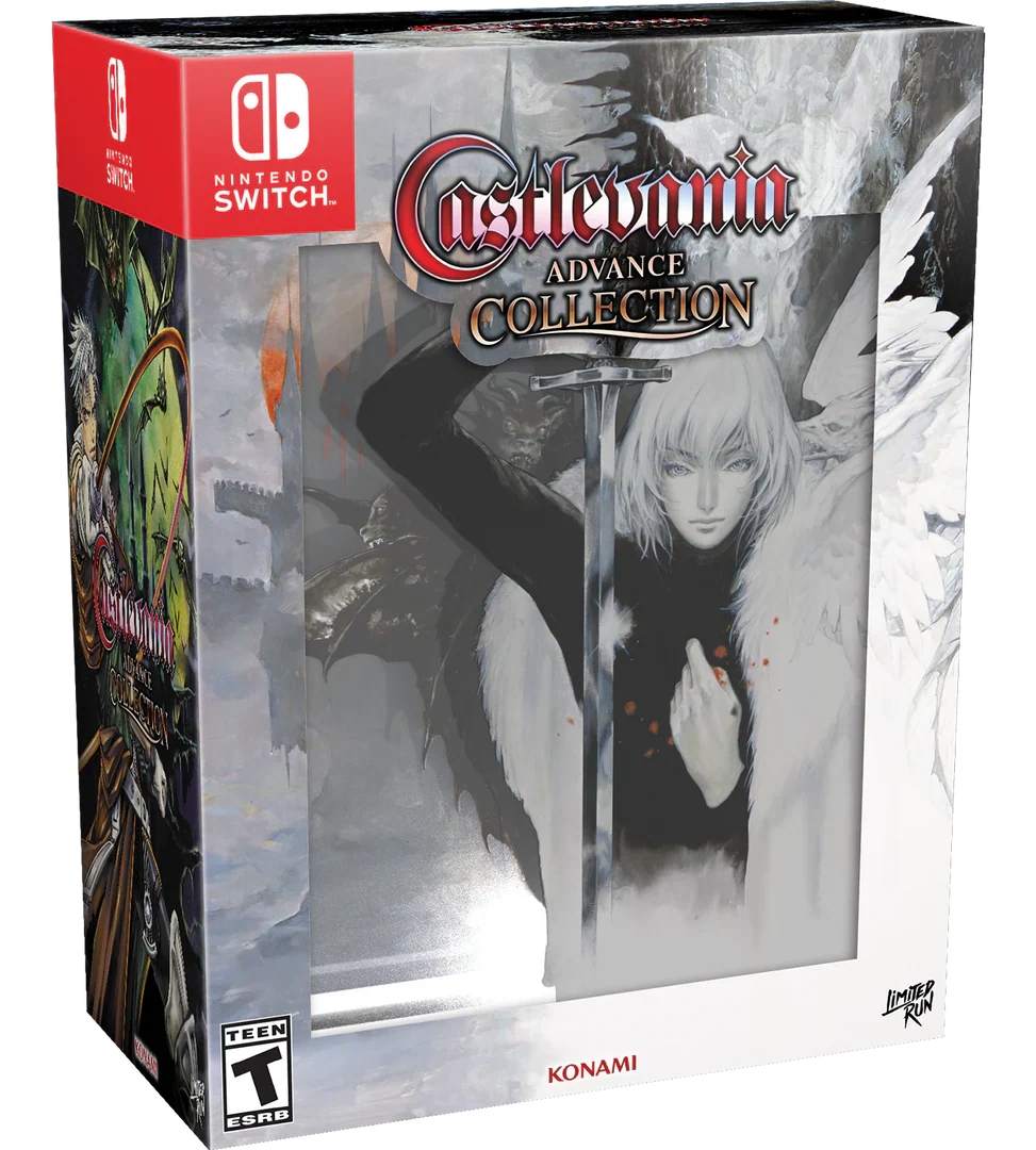 Nintendo Switch game console packaging for 'Castlevania Advance Collection' with character illustration on a white background.