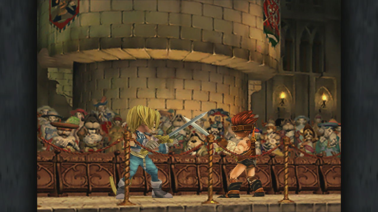 Character in a medieval-style room with other characters and decorations.