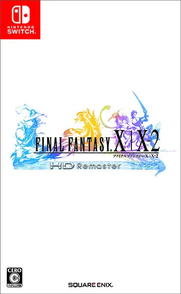 Cover of 'Final Fantasy X & X-2 HD Remaster' for Nintendo Switch with colorful characters and Square Enix logo.