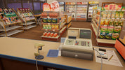Cash register at a grocery store checkout with shelves and products in the background