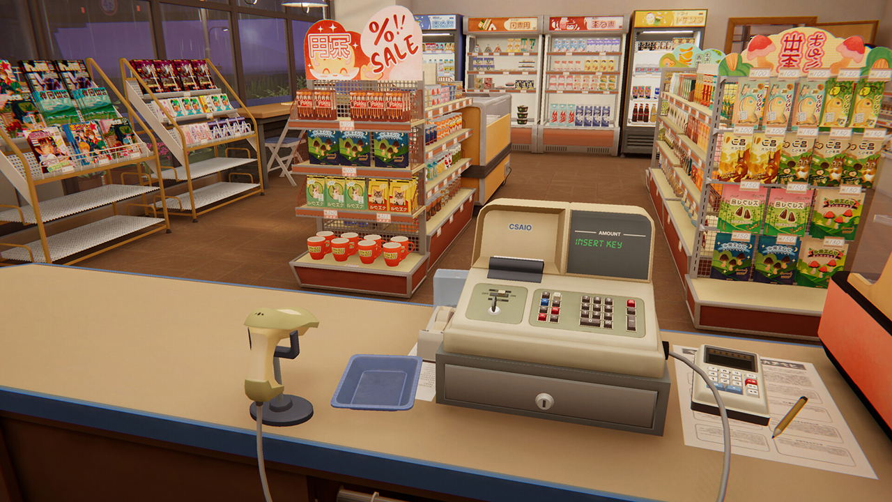 Cash register at a grocery store checkout with shelves and products in the background