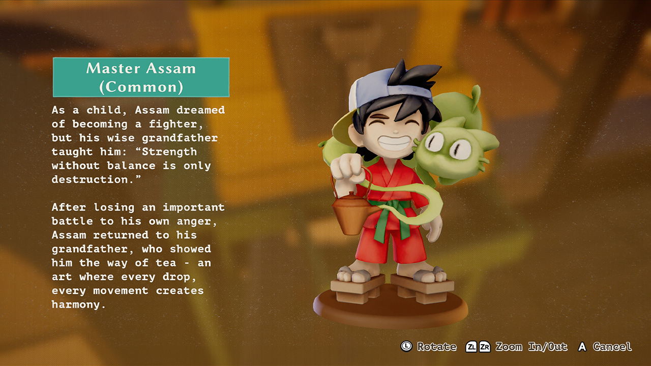 Figurine of a character named Master Assam with descriptive text on a blurred background