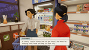 Two animated characters in a store setting with a customer dialogue box.