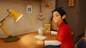Animated character sitting at a desk with a lamp and cup, in a room setting.