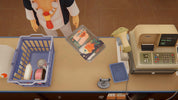 Scene from a video game with a cash register, shopping basket, and food items on a counter.