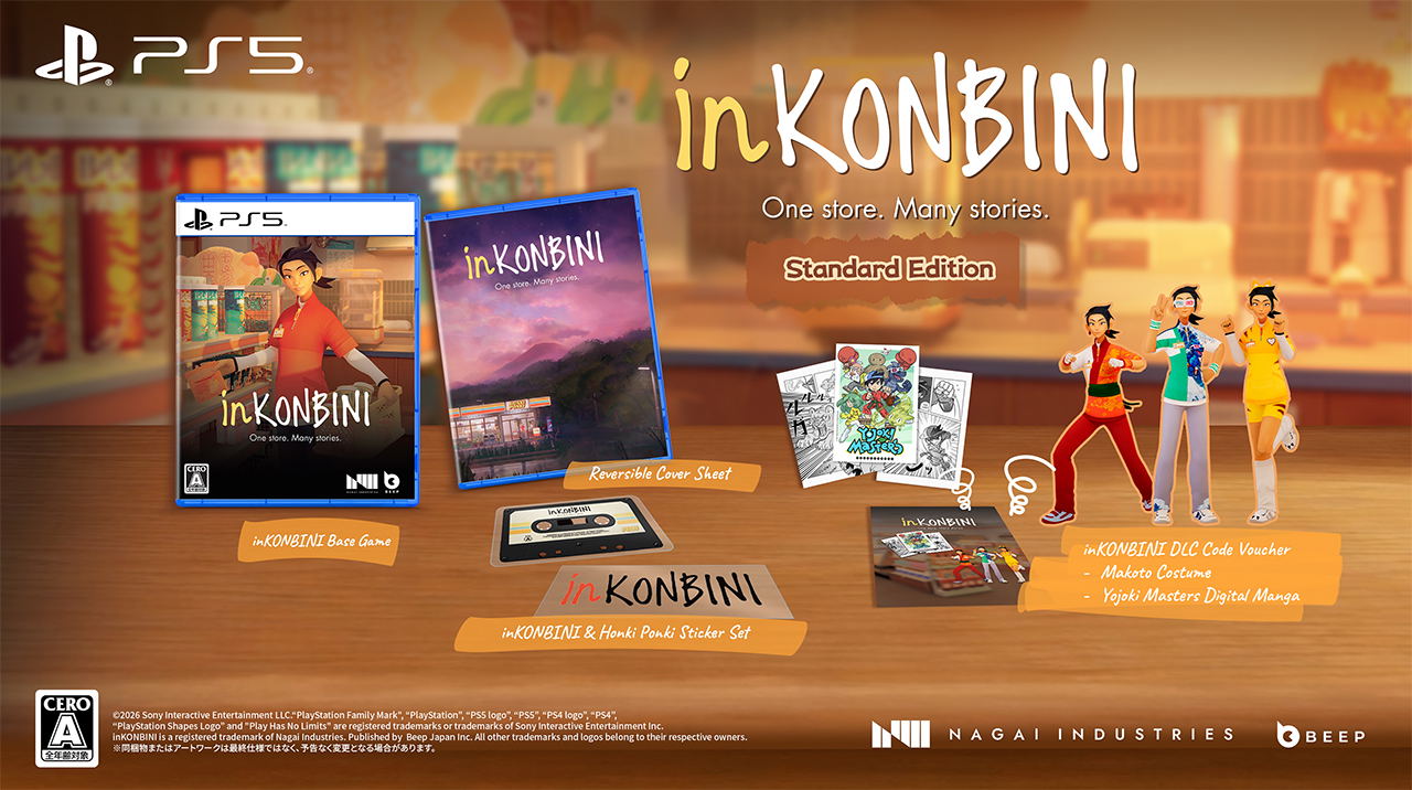 Promotional image of 'inKONBINI' game packaging with figurines and accessories on a wooden surface.
