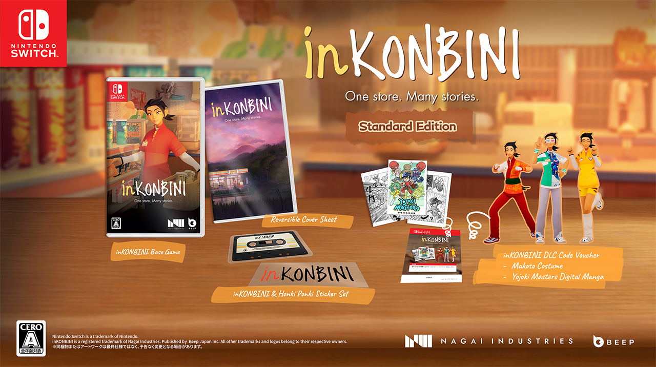 Promotional image of 'inKONBINI' game packaging with characters and store elements.