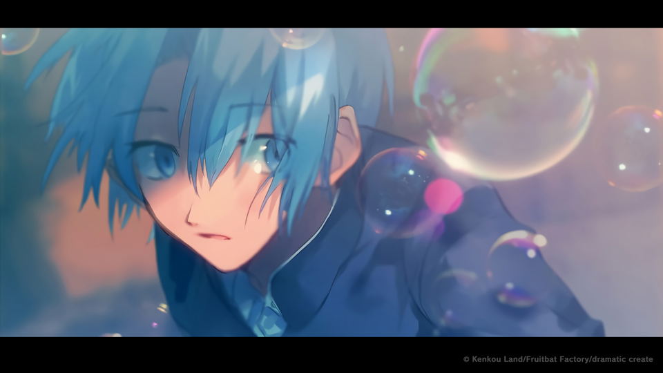 Anime character with blue hair and a blurred background with bubbles
