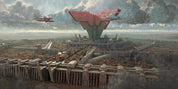 Dystopian landscape with a large red building and flying vehicle.