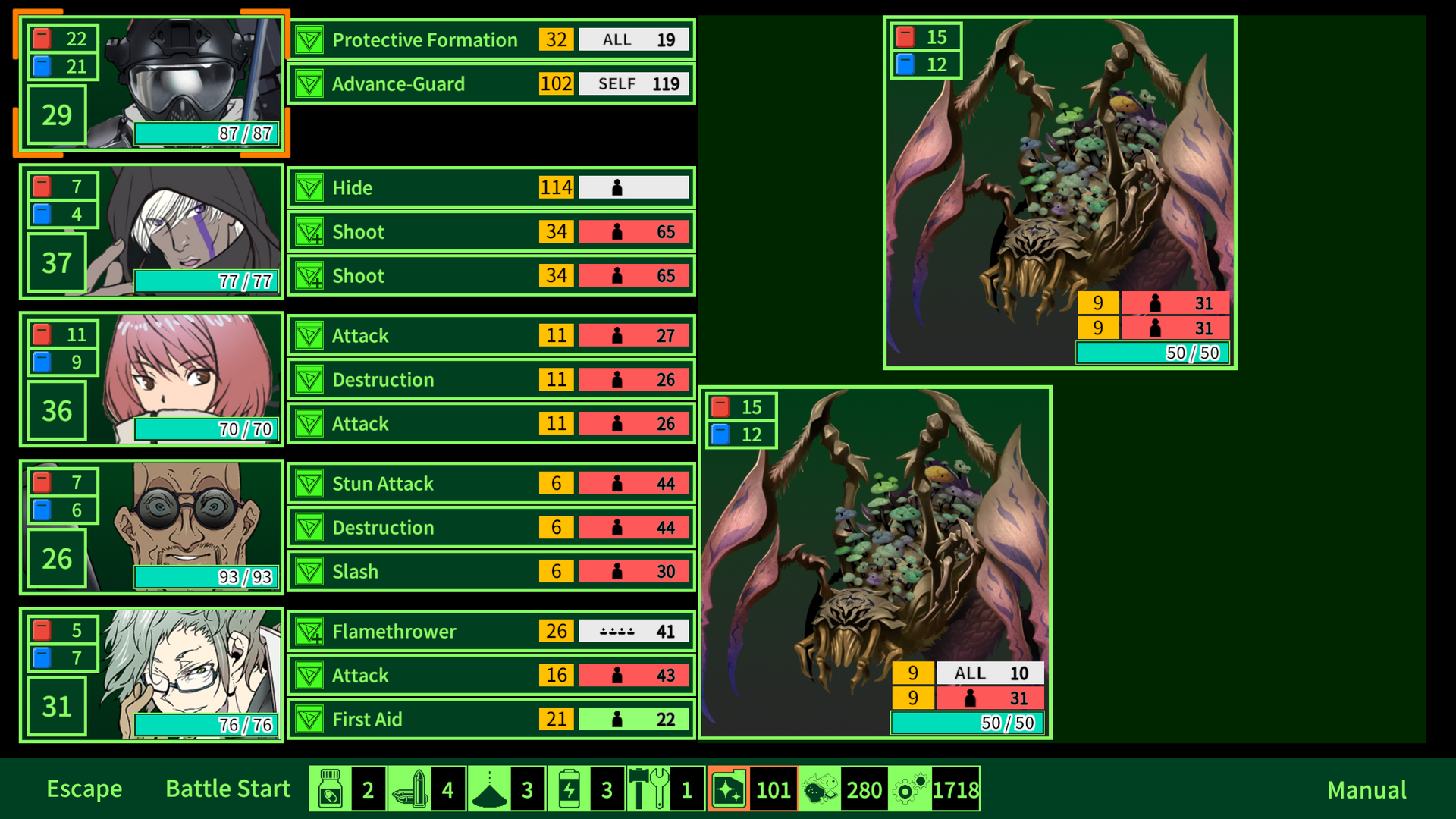 Game interface with character stats and creature details on a dark background