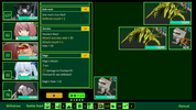 Game interface with character portraits, stats, and creature images on a green background